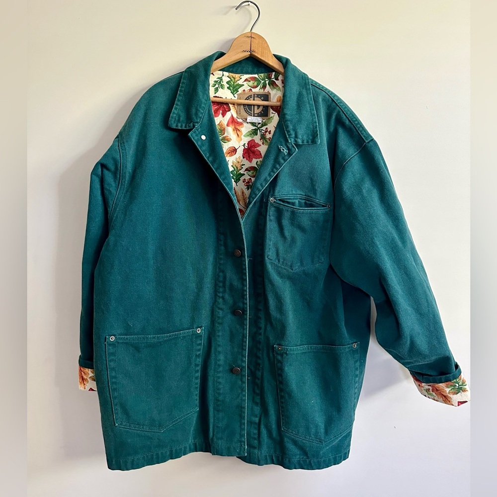 Vintage Teal Utility Jacket with Floral Lining